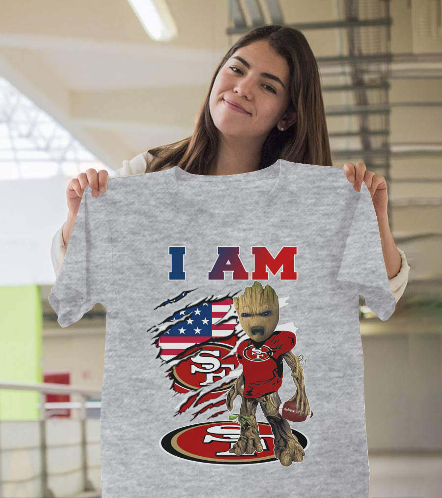 I Am 49ers Baby Groot Football Usa Flag Swoosh T-Shirt