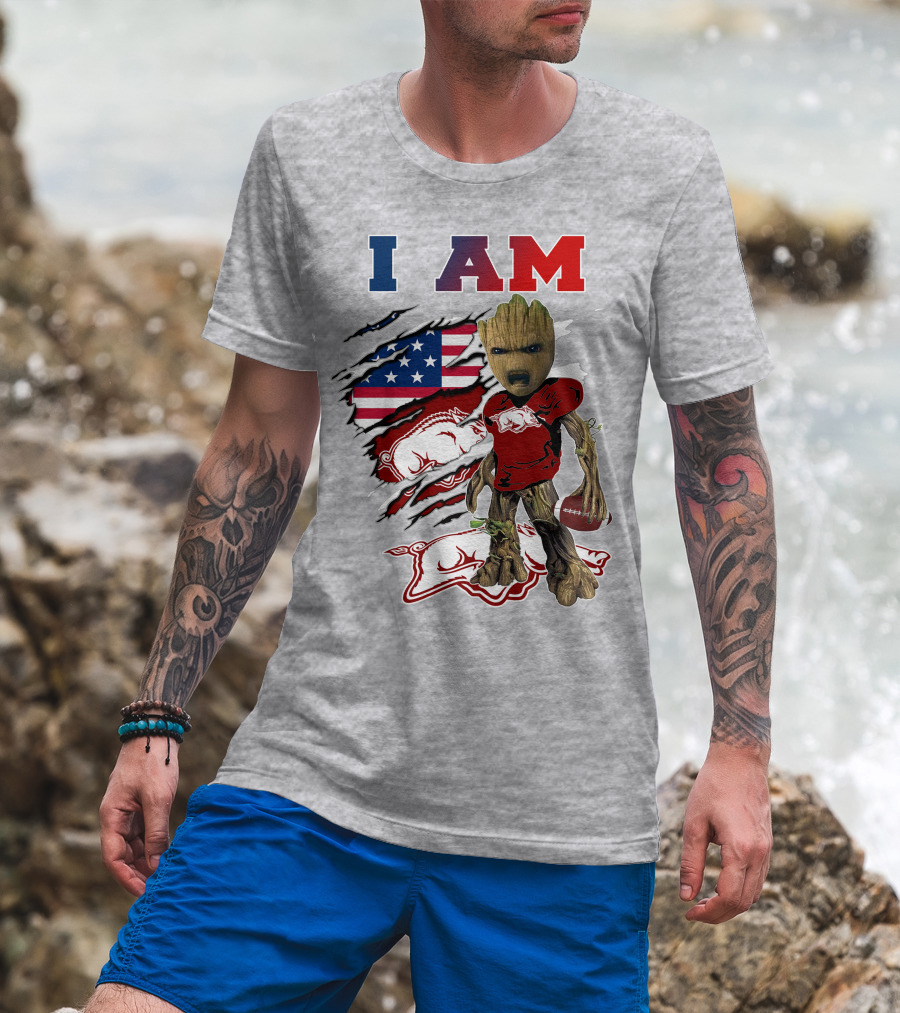 I Am Baby Groot Arkansas Razorbacks Football Usa Flag T-Shirt