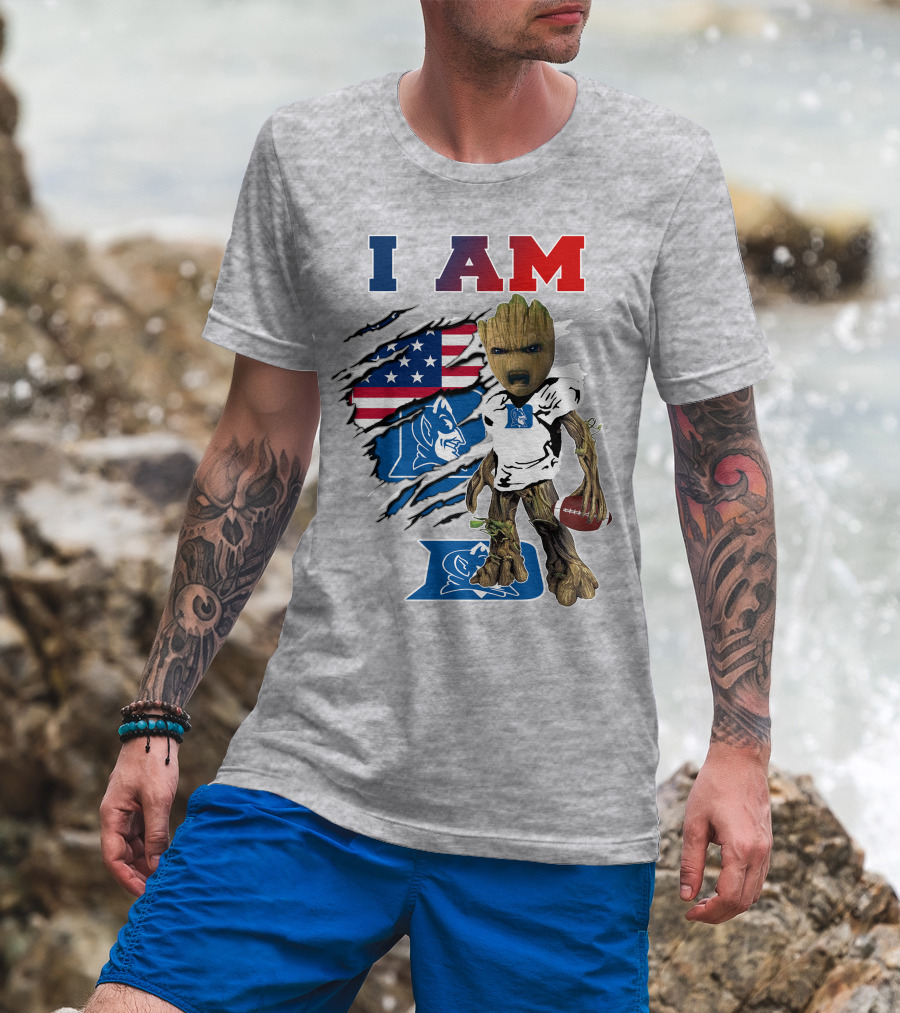 I AM Duke Baby Groot With American Football And Flag Background T-Shirt