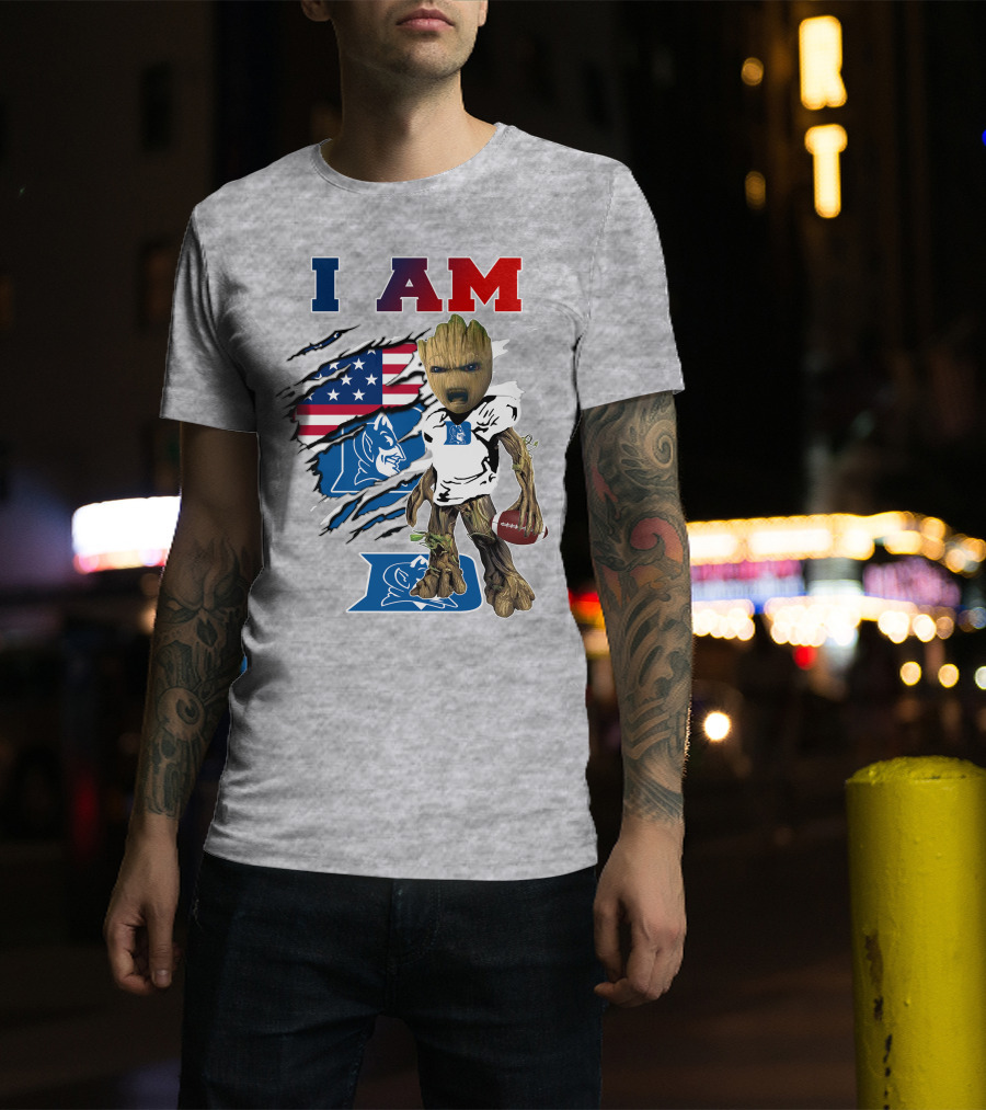 I AM Duke Baby Groot With American Football And Flag Background T-Shirt