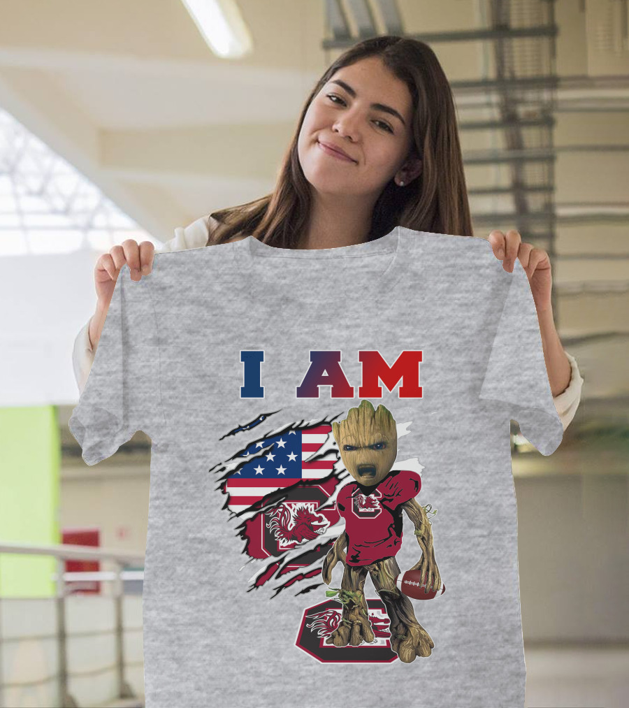 I Am Gamecocks Baby Groot Football American Flag T-Shirt