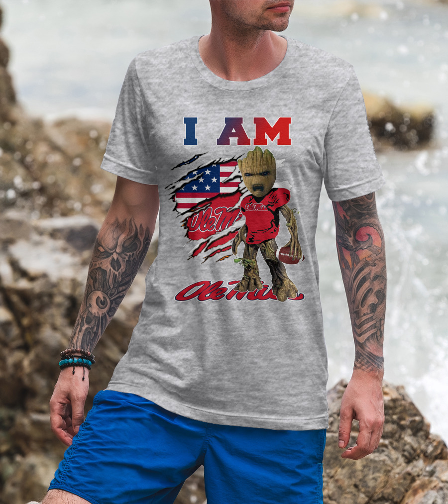 I Am Ole Miss Baby Groot Usa Flag Football T-Shirt