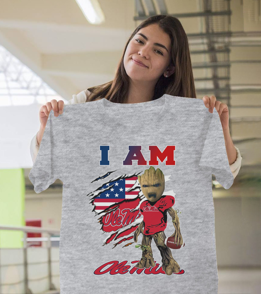 I Am Ole Miss Baby Groot Usa Flag Football T-Shirt