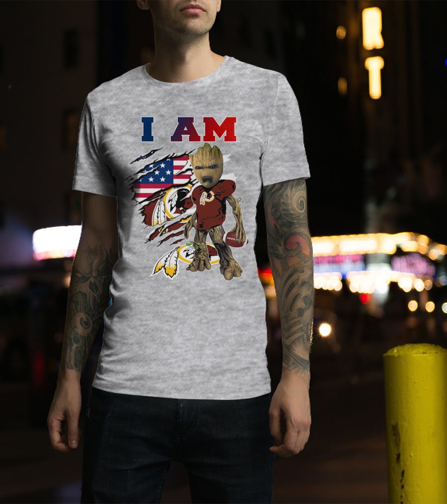I AM Redskin Baby Groot Football USA Flag T-Shirt