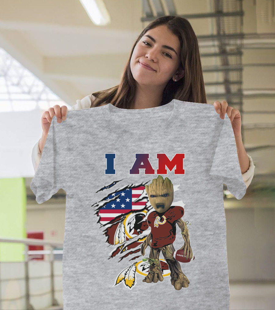 I AM Redskin Baby Groot Football USA Flag T-Shirt