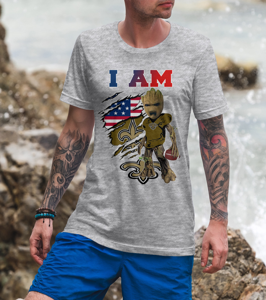 I Am Saints Baby Groot Nfl Football Fleur-De-Lis Usa Flag T-Shirt