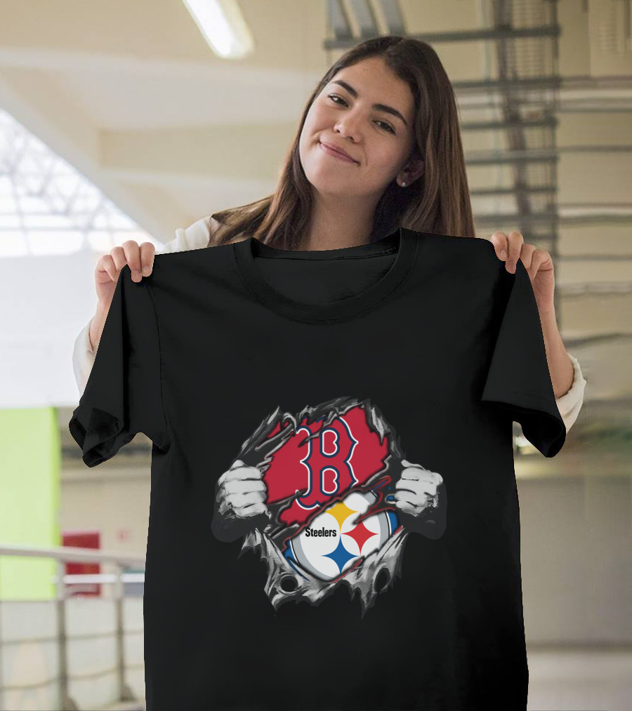 Steelers Red Sox Fusion Emblem With Torn Effect T-Shirt