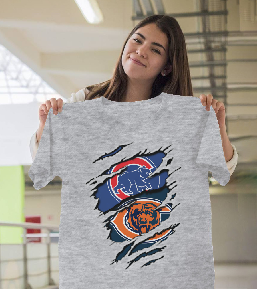 Cubs Bears Dual Logo Design Ripped Tear Combination T-Shirt