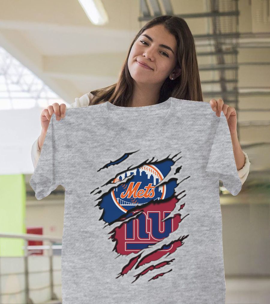 Mets Giants Baseball Football Crossover Ripped T-Shirt