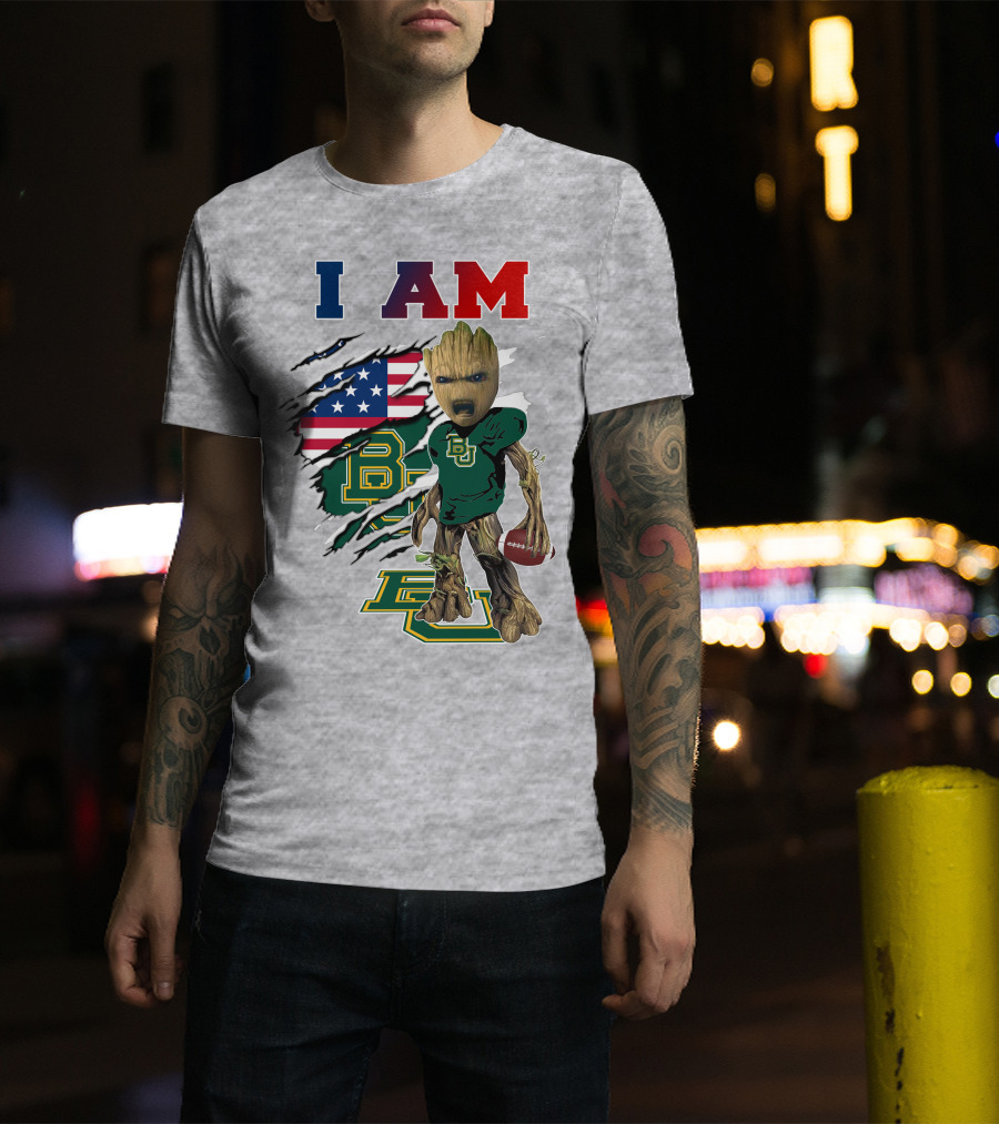 I AM Baylor Bears Groot Football American Flag T-Shirt