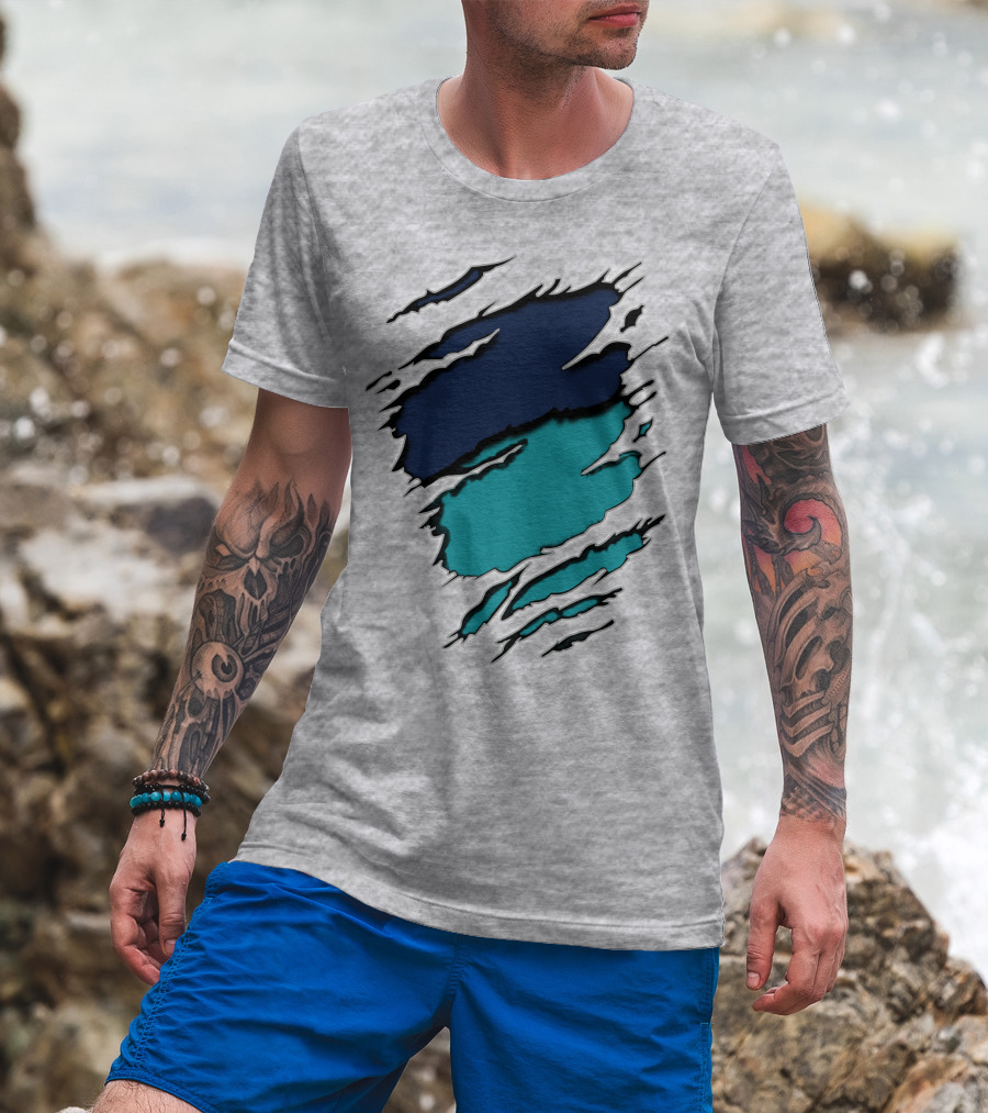 Yan-Dolphins19 Navy Teal Torn T-Shirt