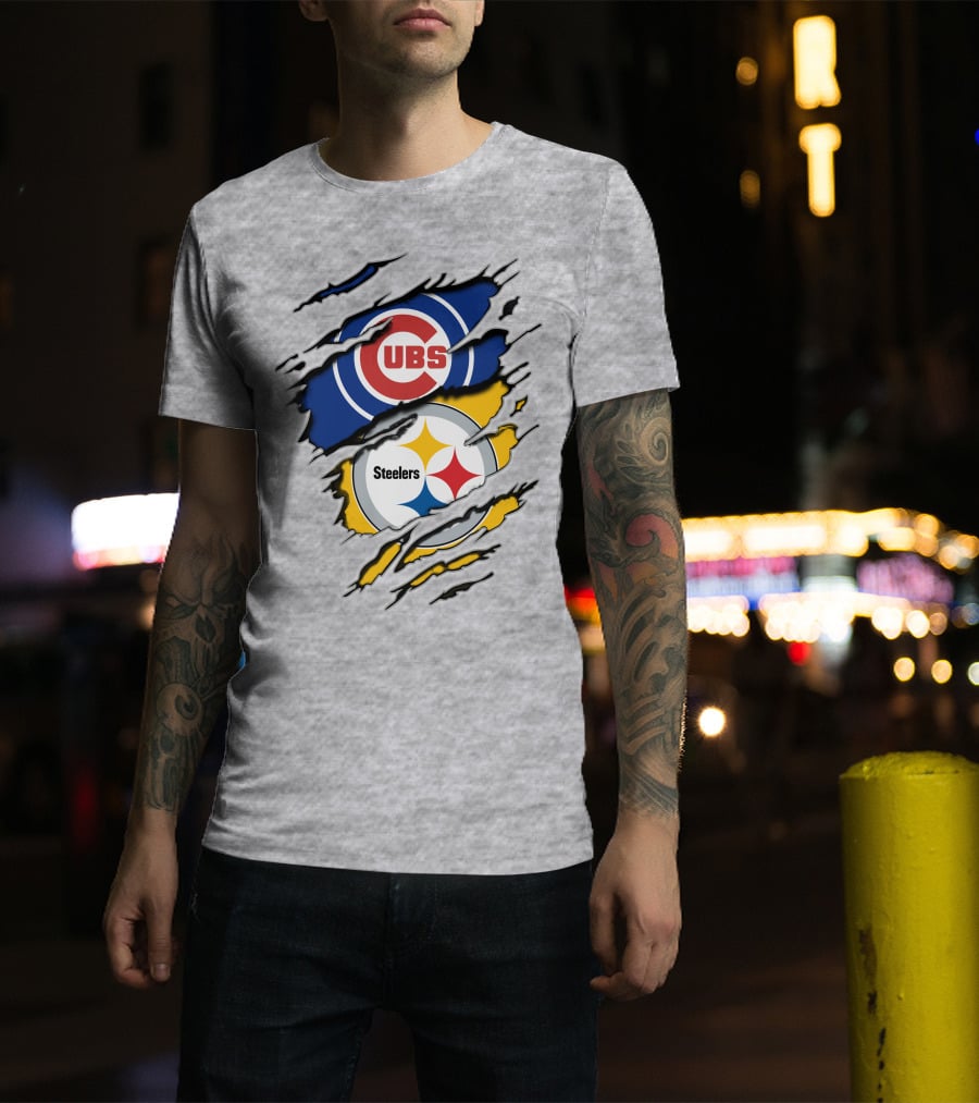 Steelers Cubs Logos With Torn Fabric T-Shirt