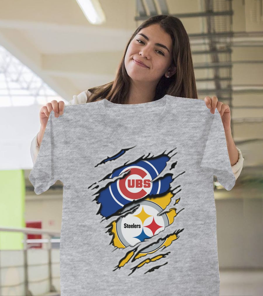 Steelers Cubs Logos With Torn Fabric T-Shirt
