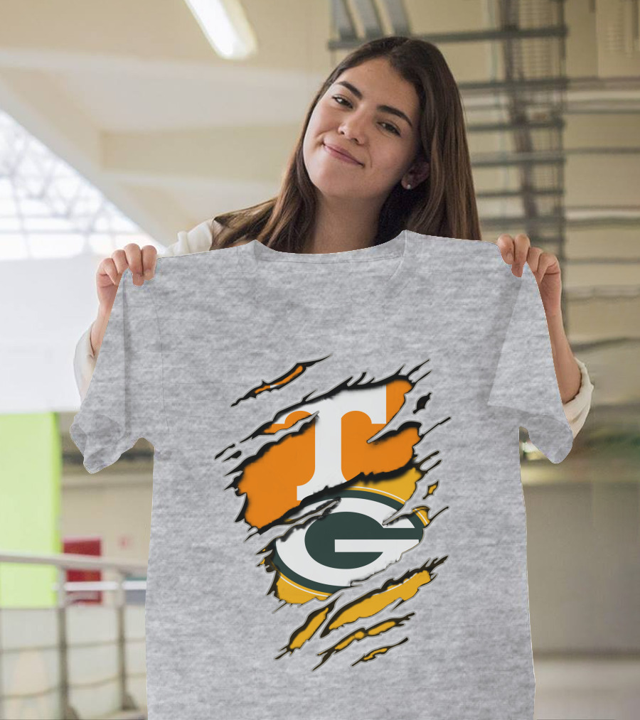 Tennessee Vols and Green Bay Packers Torn Logo Fusion T-Shirt