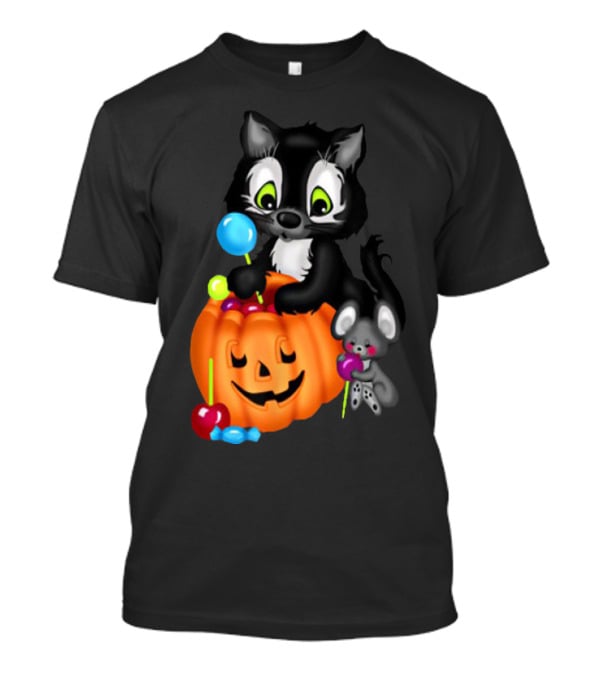 Halowen Cute Cat And Mouse With Candy And Pumpkin T-Shirt
