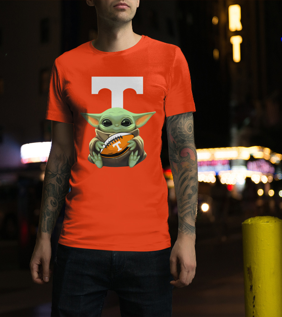 Baby Yoda Holding Tennessee Volunteers Football Ball T-Shirt