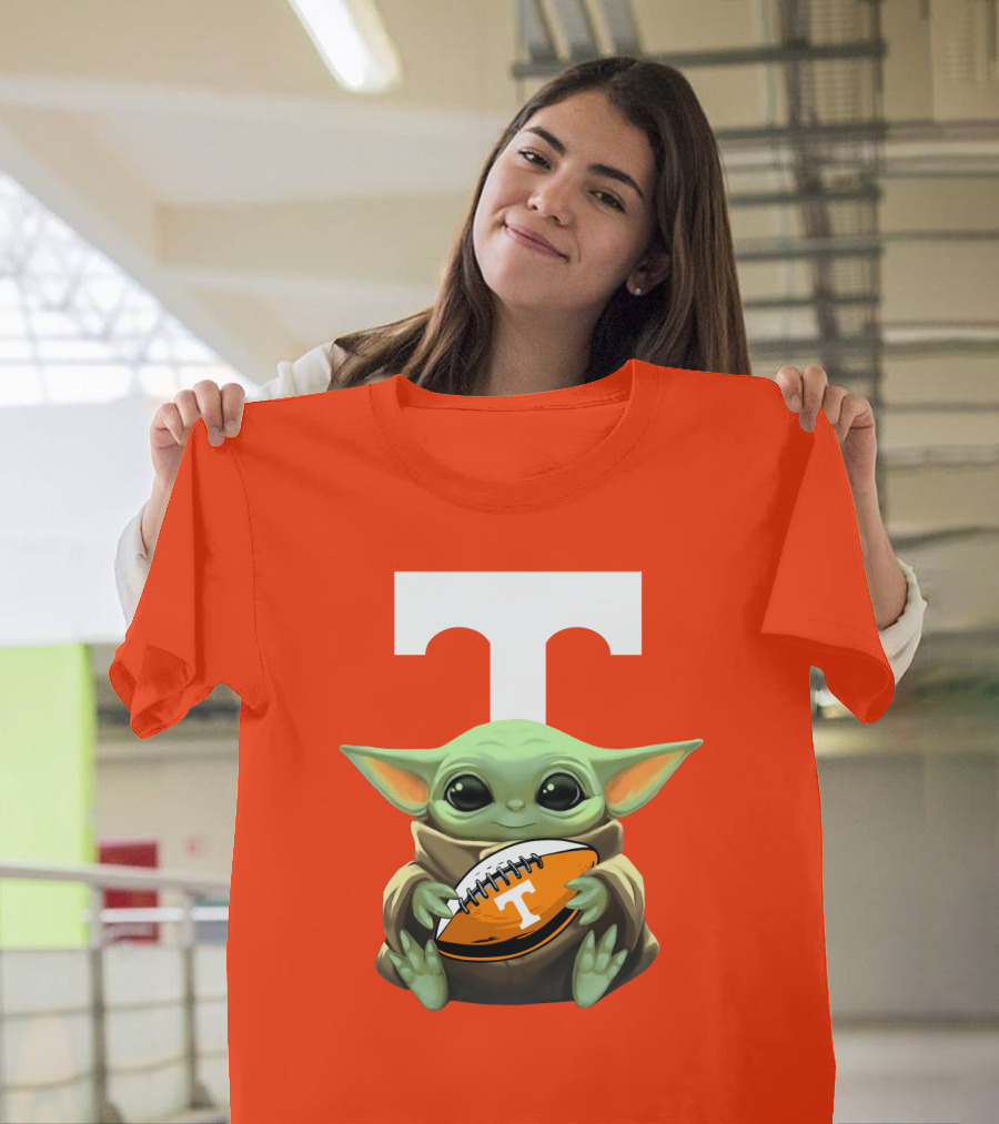 Baby Yoda Holding Tennessee Volunteers Football Ball T-Shirt