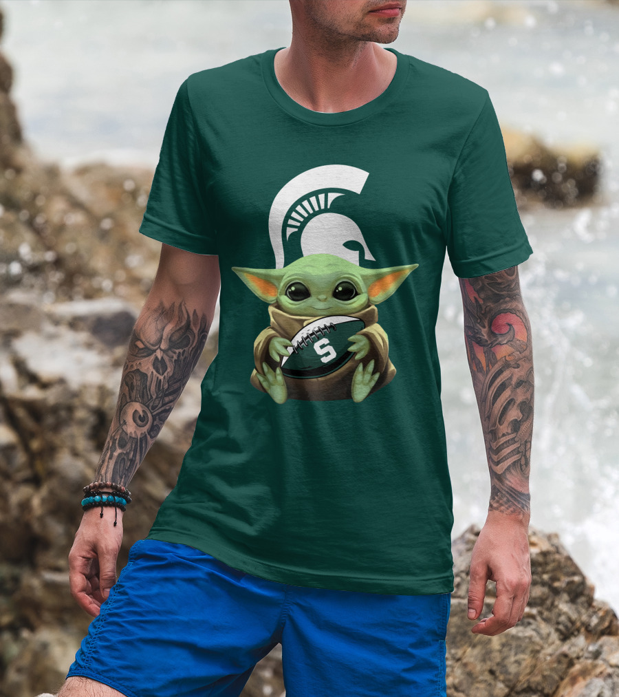 Baby Yoda Holding Football With Michigan State Spartans Helmet T-Shirt