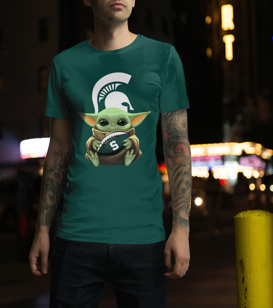 Baby Yoda Holding Football With Michigan State Spartans Helmet T-Shirt