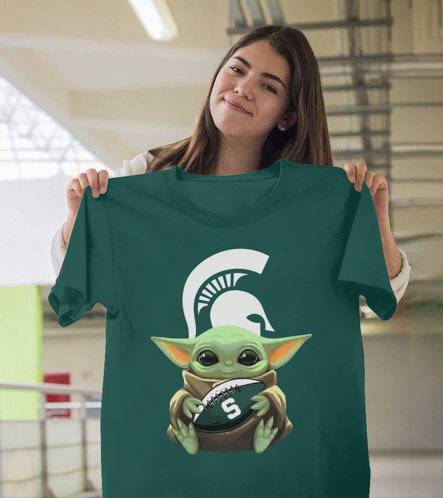 Baby Yoda Holding Football with Michigan State Spartans Helmet T-Shirt