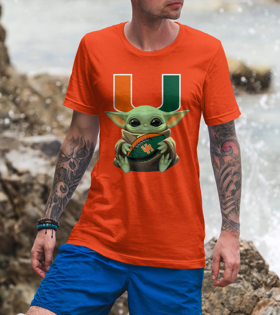 Baby Yoda Miami Hurricanes Football Fan T-Shirt