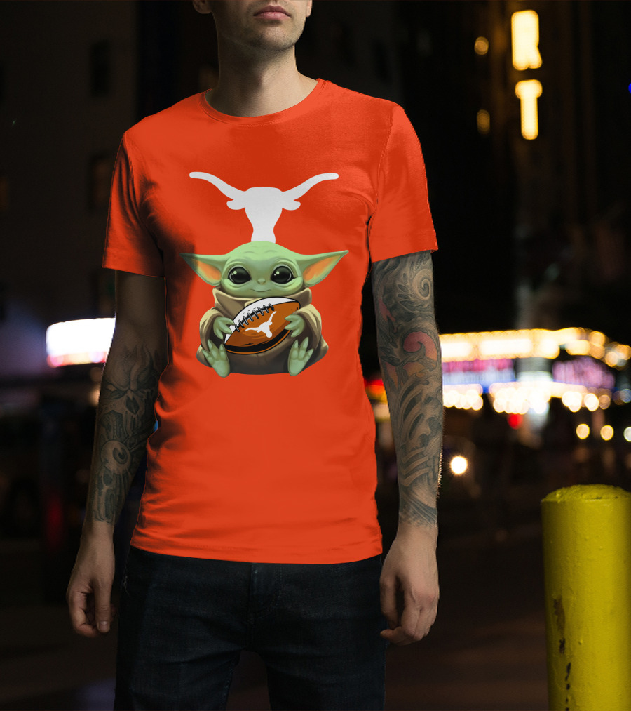 Baby Yoda Longhorns Football Logo Orange Background T-Shirt