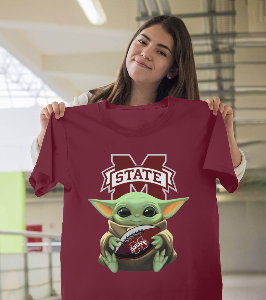 Baby Yoda Holding Mississippi State Bulldogs Football T-Shirt