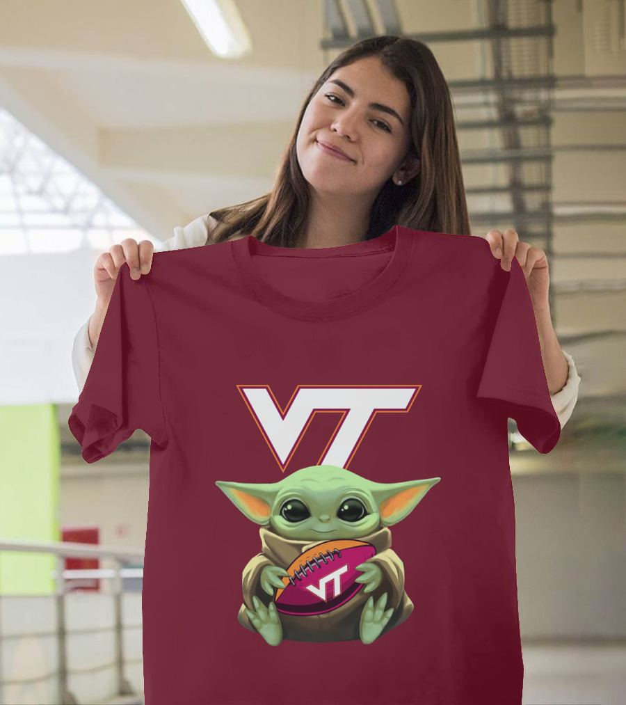 VT Baby Yoda Holding Football Hokies T-Shirt