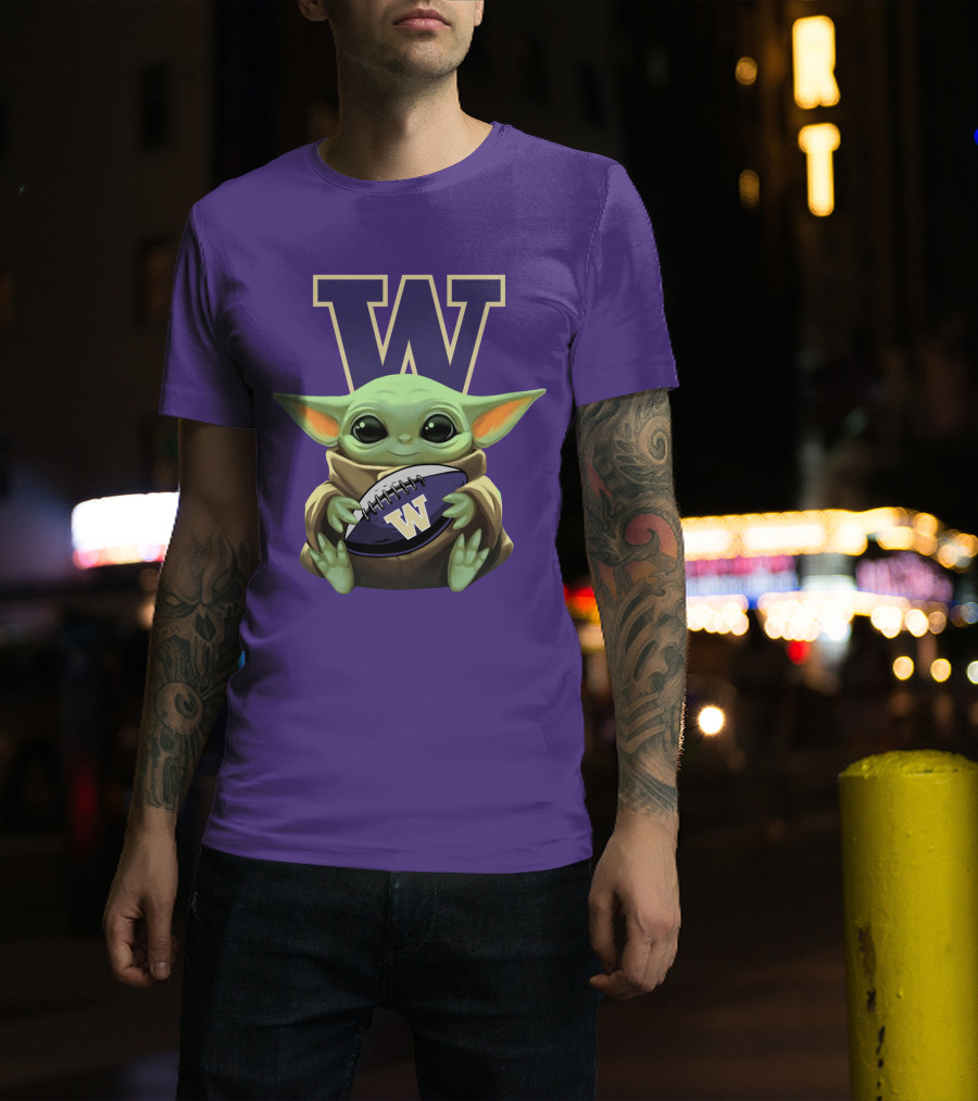 Baby Yoda Holding Washington Huskies Football W T-Shirt