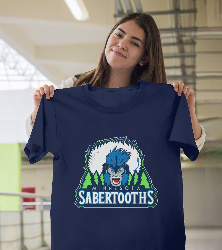 Minnesota Sabertooths NBA Logo with Blue Sabertooth and Green Pine Trees T-Shirt