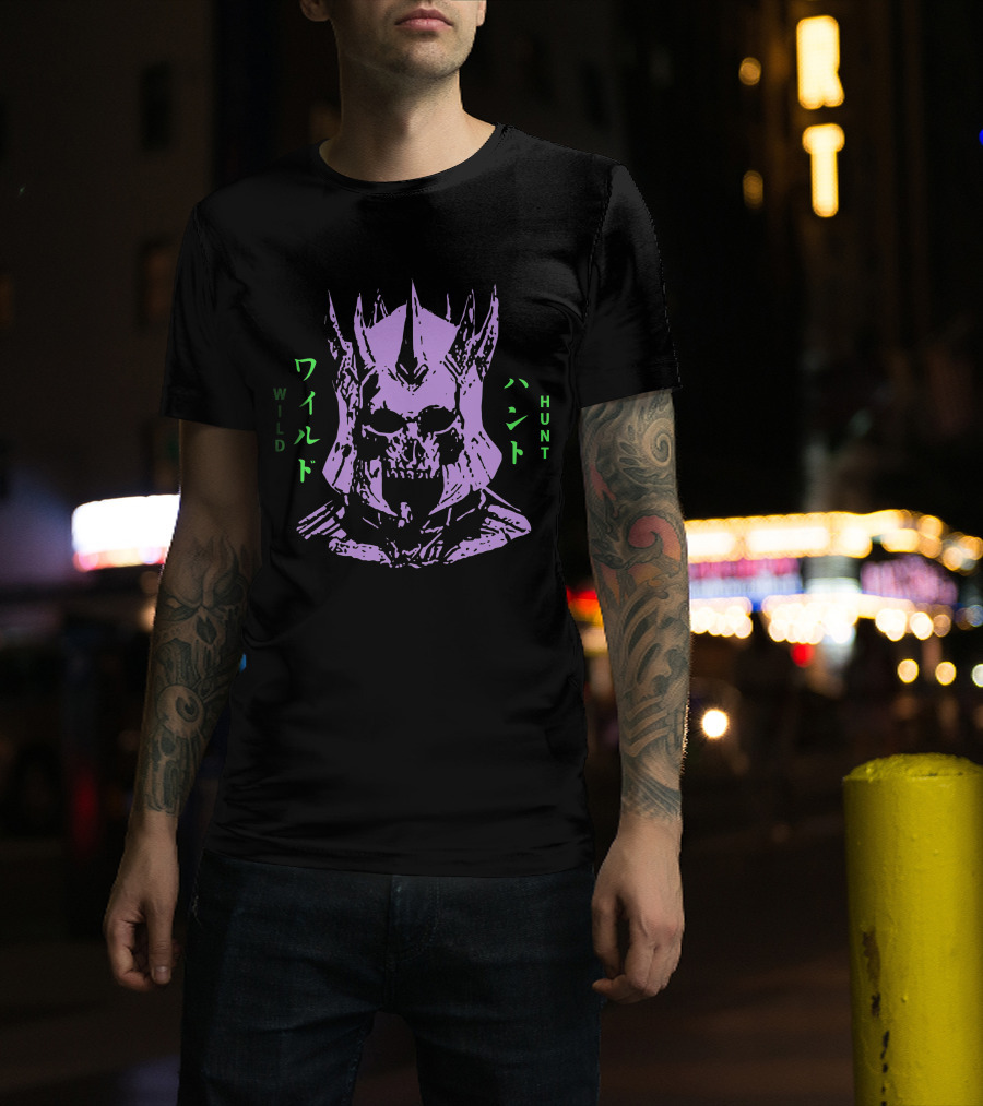 Wild Hunt 3 Skull Helmet Purple Japanese Text T-Shirt