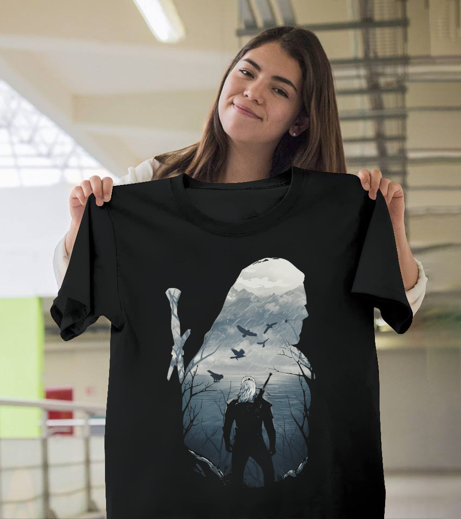 Wild Hunt Forest Geralt Silhouette with Mountains Ravens Sword T-Shirt