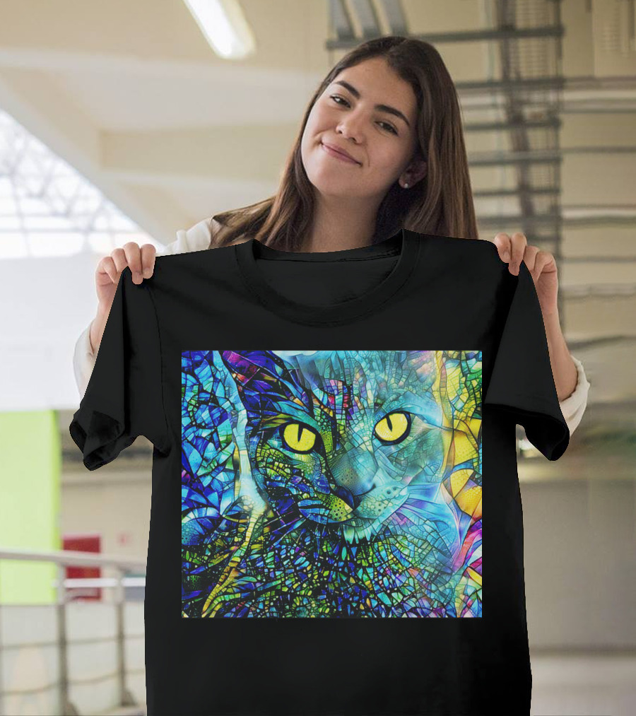 Cochfdhfdhfdh Stained Glass Mosaic Cat With Vibrant Yellow Eyes T-Shirt