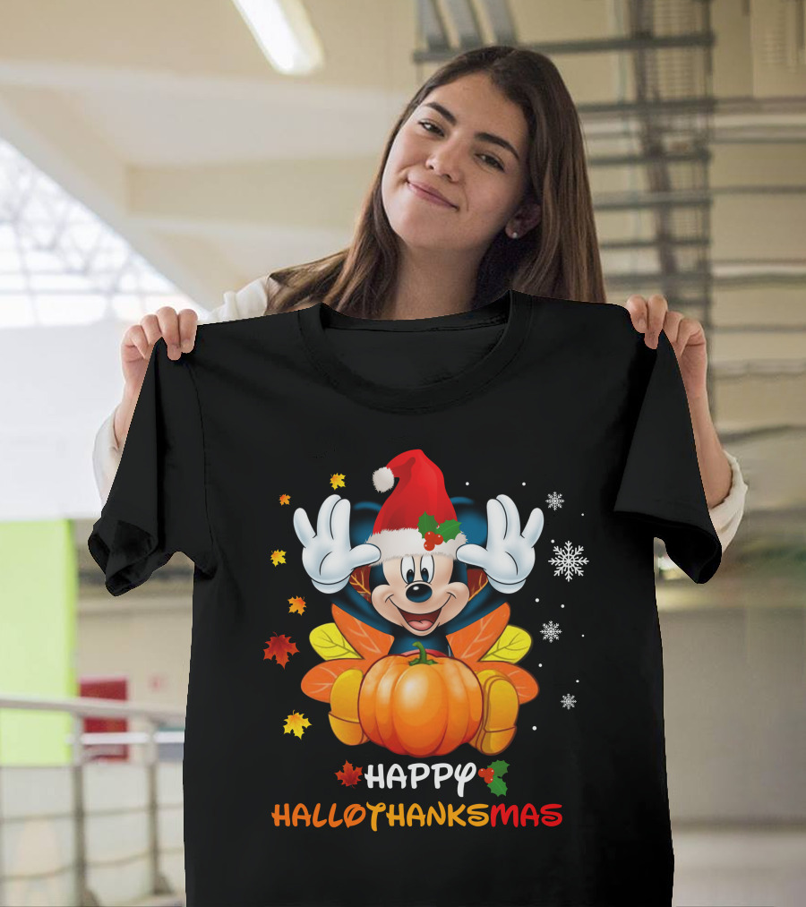 Happy HalloThanksMas Mickey Pumpkin Leaves Snowflakes Santa Hat T-Shirt