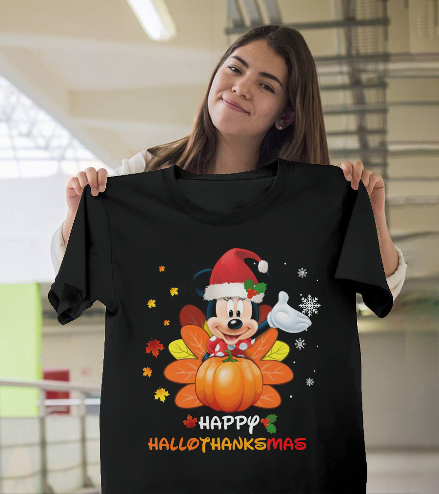 Happy Minnie HalloThanksMas Pumpkin Santa Hat Leaves Snowflakes T-Shirt