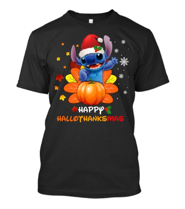 Happy HalloThanksMas Stitch Pumpkin Santa Hat Snowflakes Leaves T-Shirt