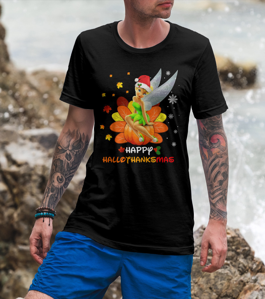 Tinkerbell Happy HalloThanksMas Pumpkin Santa Hat Snowflakes T-Shirt