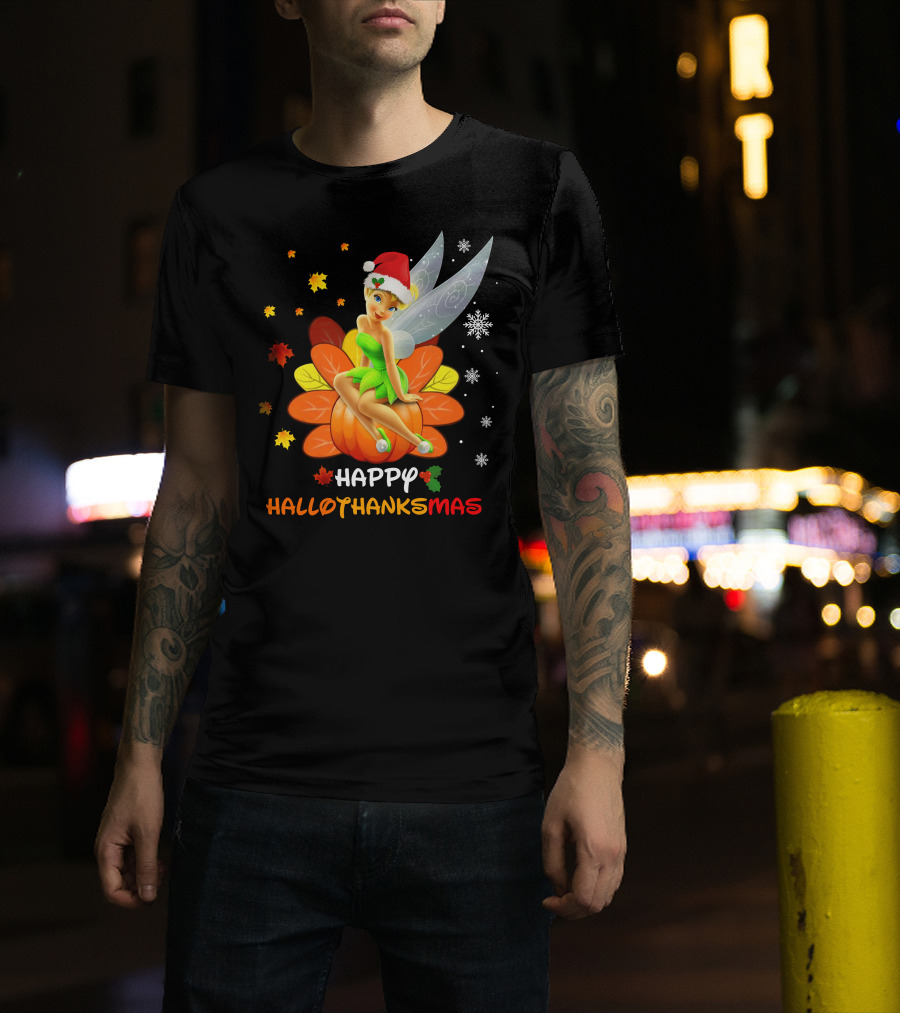 Tinkerbell Happy HalloThanksMas Pumpkin Santa Hat Snowflakes T-Shirt