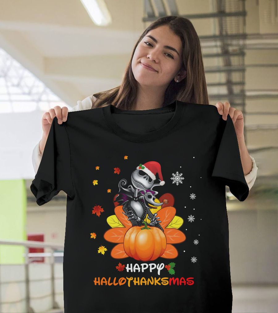 Happy Hallothanksmas Jack Pumpkin Santa Snowflakes T-Shirt