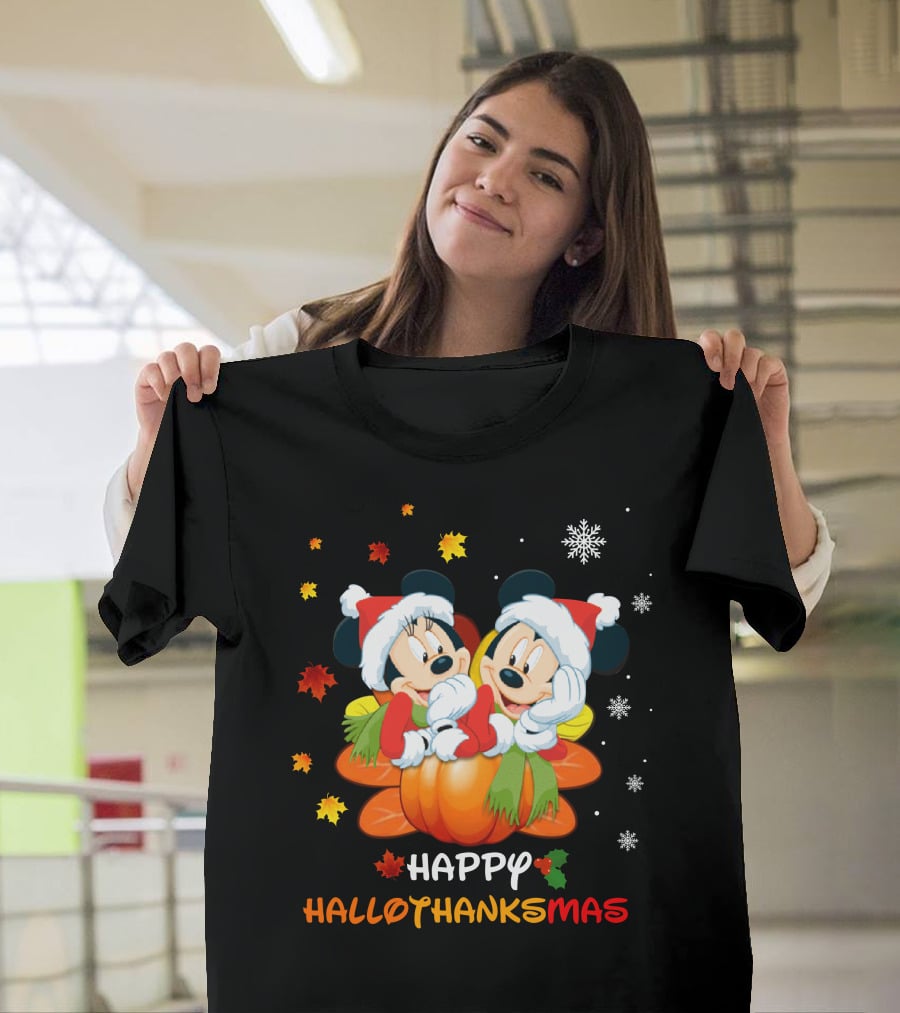 Mickey Happy HalloThanksMas Pumpkin Leaves Snowflakes T-Shirt