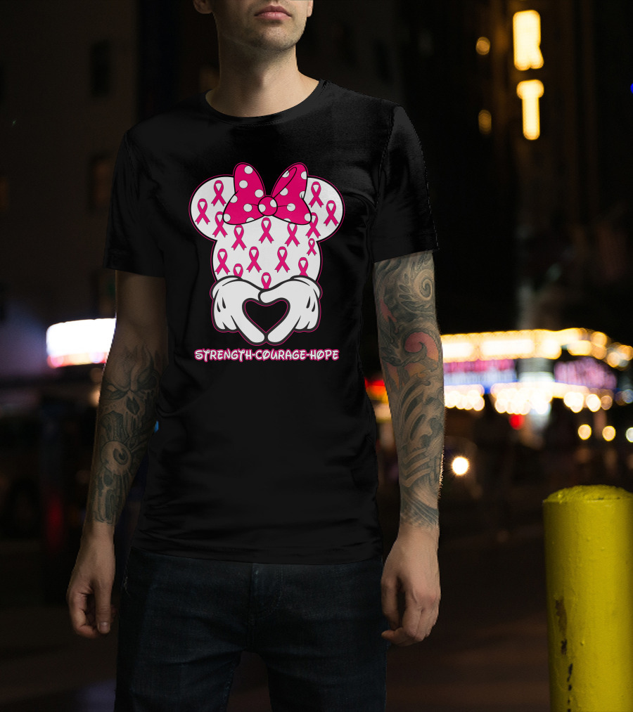 Strength Courage Hope Pink Ribbon Minnie Ears Hands Heart T-Shirt