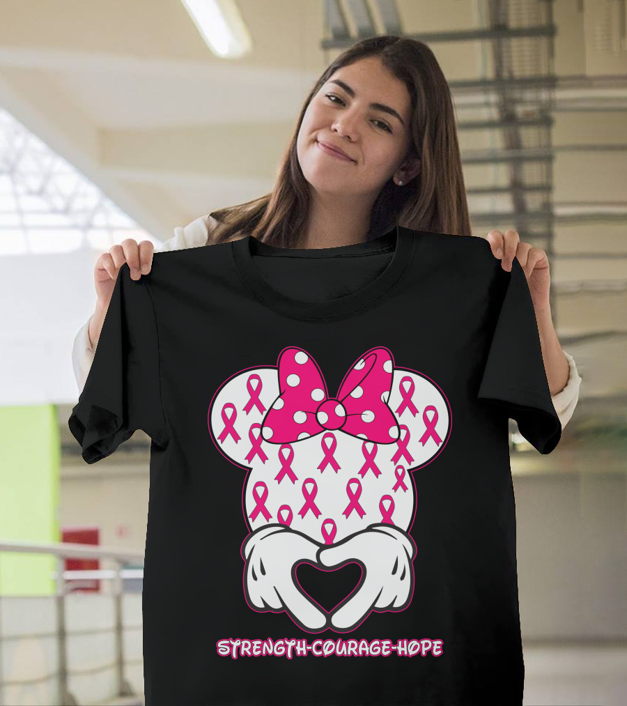 Strength Courage Hope Pink Ribbon Minnie Ears Hands Heart T-Shirt