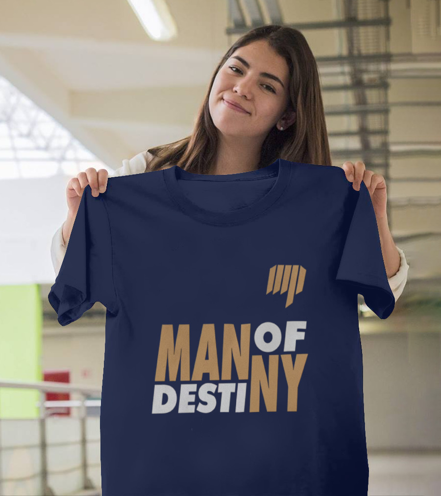 Man Of Destiny Blue And Gold Text With Vertical Stripe T-Shirt