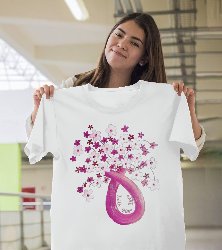 Faith Hope Love Pink Ribbon Flower Bouquet T-Shirt