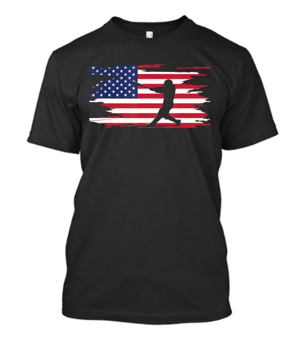 American Flag Baseball Player Silhouette Patriotic Sports T-Shirt