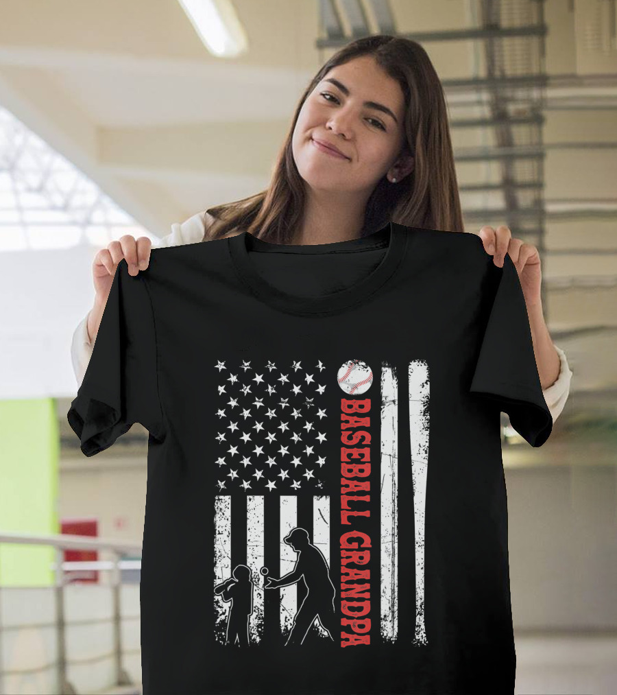 Distressed USA American Flag Baseball Grandpa Silhouette With Bats And Ball T-Shirt
