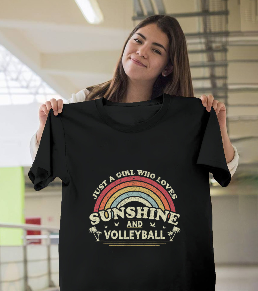 Just A Girl Who Loves Sunshine And Volleyball Rainbow Palm Trees Birds T-Shirt