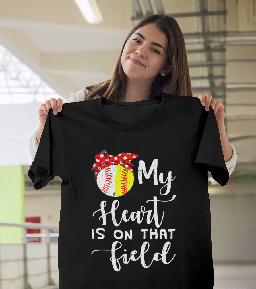 My Heart Is On That Field Baseball Softball Red Polka Dot Bow T-Shirt