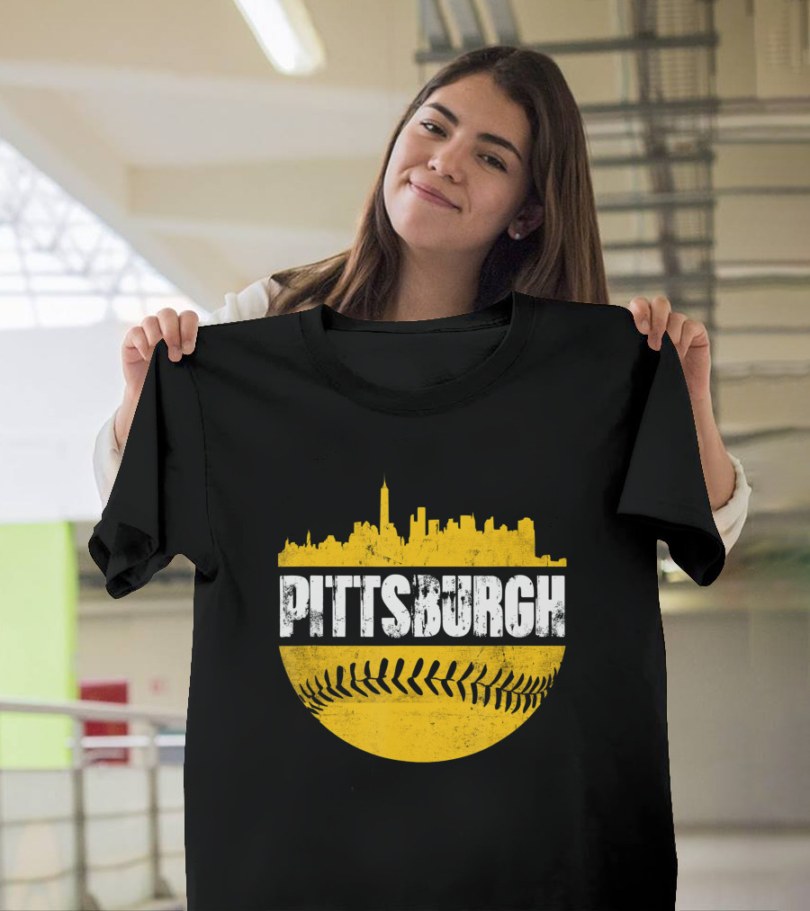 Pittsburgh Baseball Cityscape Distressed Look With Baseball Stitching T-Shirt