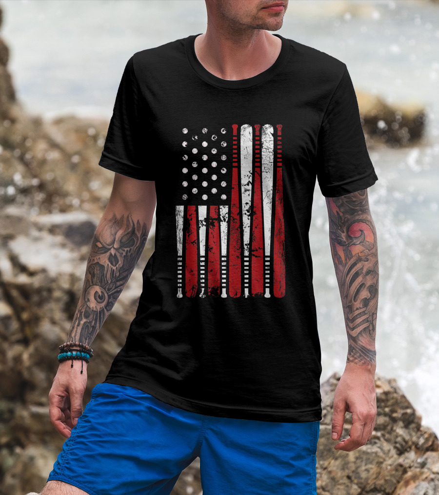 Vintage American Baseball Bat USA Flag T-Shirt